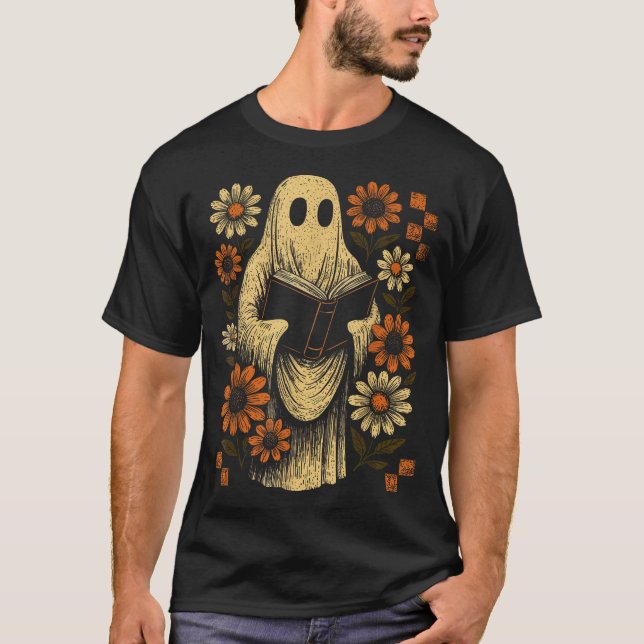 Ghost Reading Buch Halloween Blumenbibliothek Spoo T-Shirt (Vorderseite)