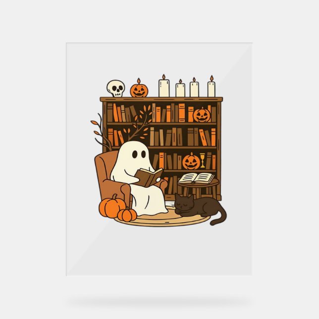 Ghost Reading in Cosy Halloween Library Classic T- Acrylschild (Vorderseite)