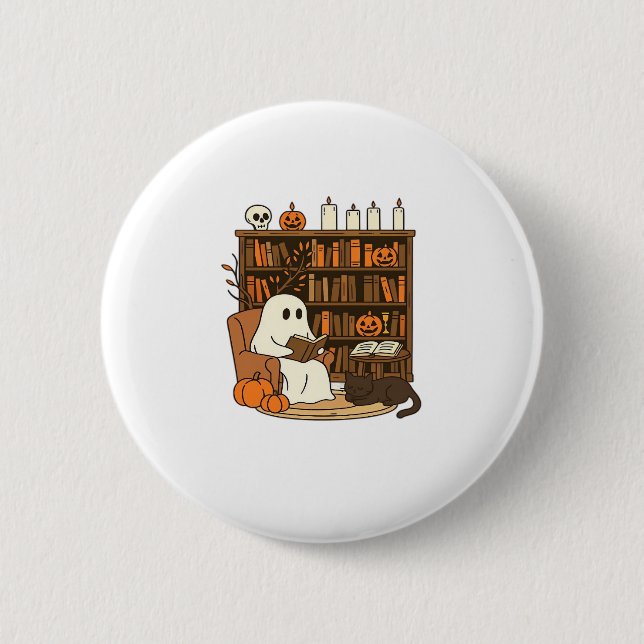 Ghost Reading in Cosy Halloween Library Classic T- Button (Vorderseite)