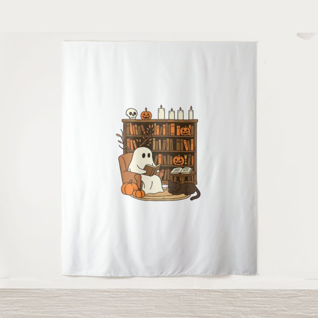 Ghost Reading in Cosy Halloween Library Classic T- Wandteppich (Vorderseite)