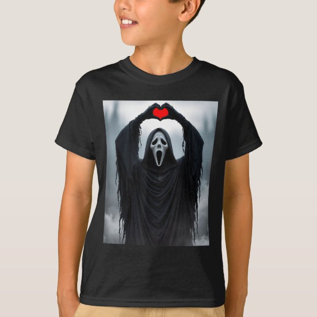 Ghost Red Heart Hands Y Face Halloween Valentines  T-Shirt (Vorderseite)