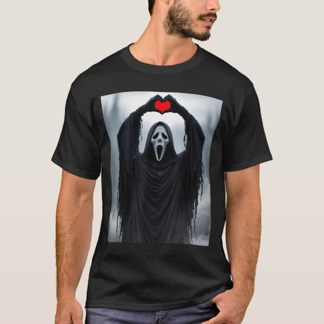 Ghost Red Heart Hands Y Face Halloween Valentines  T-Shirt (Vorderseite)