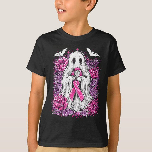 Ghost Ribbon Breast Cancer Awareness Halloween Flo T-Shirt (Vorderseite)