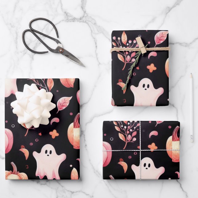 Ghost rosa Helloween Wrapping Paper Sheets Geschenkpapier Set (Vorderseite)