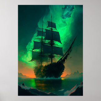 Ghost Ship-Gemälde mit grünem Himmelsblau Poster