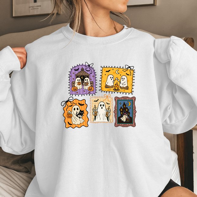 Ghost Stamps Women’s Halloween Sweatshirt | Cute C (Cute Halloween ghost stamp design)