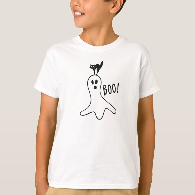 Ghost und Black Cat Halloween Niedlich T-Shirt (Vorderseite)