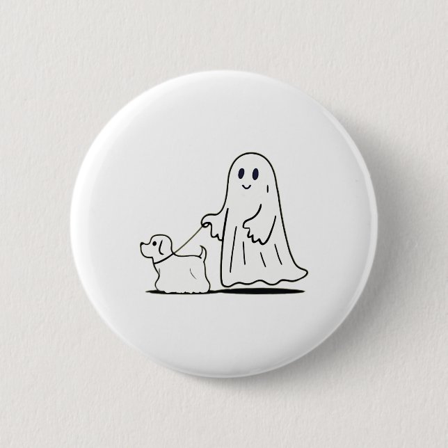 Ghost Walking Dog Ghostie Funny Halloween Hund Lie Button (Vorderseite)