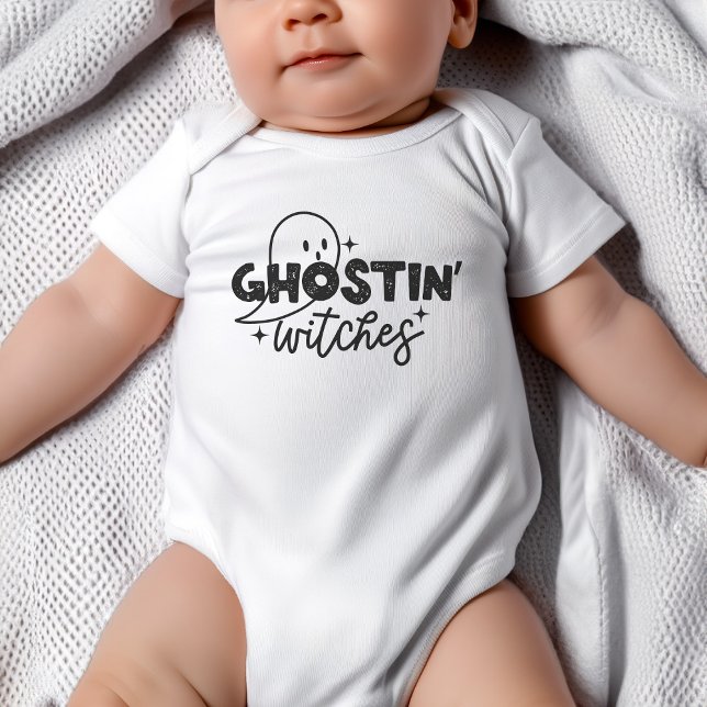 Ghosting Hexen Halloween Baby Shirt Bodysuit (Baby wearing white bodysuit that says "Ghostin' Witches". Design has ghost and stars.)