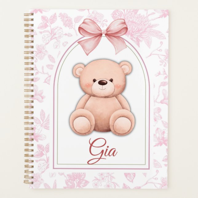 Gia | Benutzerdefiniertes rosa Teddy-Bär-Kinderzim Planer (Vorderseite)