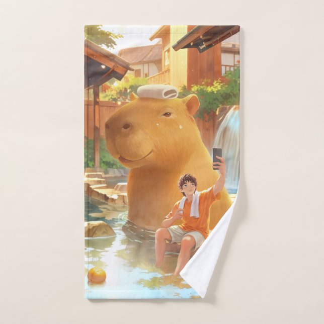 Giant Capybara - Hot Spring Illustration Badhandtuch Set (Handtuch)