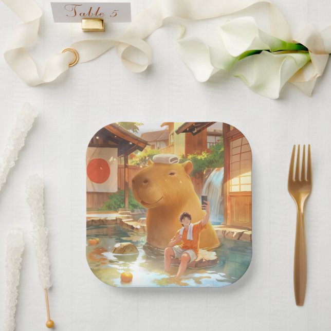 Giant Capybara - Hot Spring Illustration Pappteller (Hochzeit)