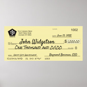 Giant faux presentation check charity bonus prize poster