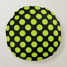 Giant Lime Green Polka Dots on Black Round Pillow