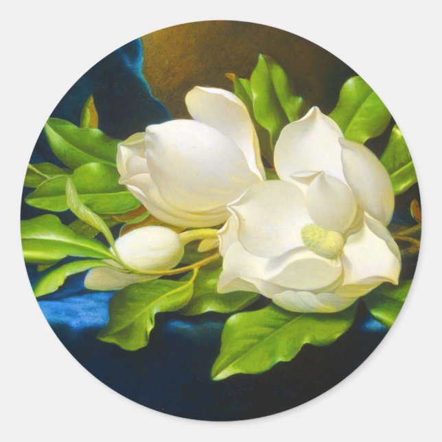 Giant Magnolias auf einer blauen Velvet-Leinwand Runder Aufkleber (Vorderseite)