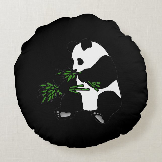 Giant Panda isst Bamboo Black Rundes Kissen (Rückseite)