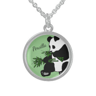 Giant Panda isst Bamboo Name Green Sterling Silberkette