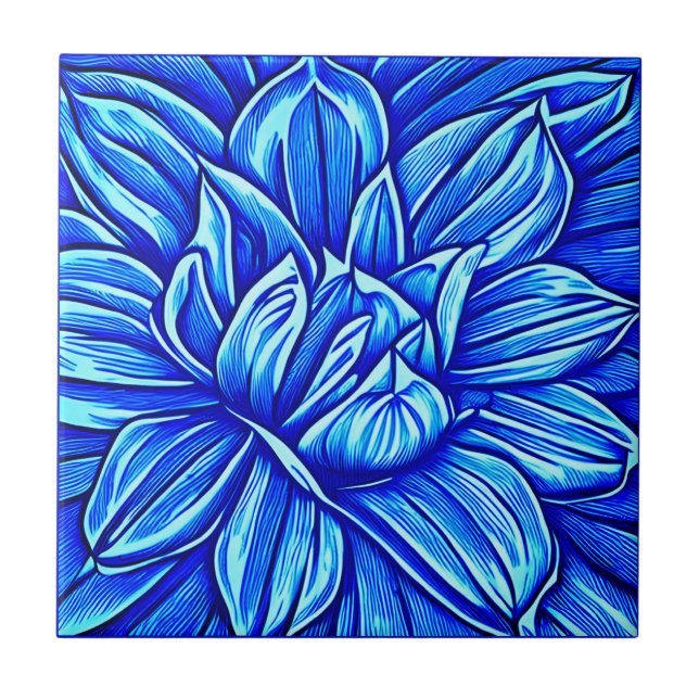 Giant Peony Blume Muster in Indigo Blue Fliese (Vorderseite)