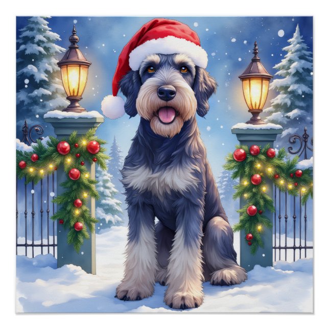 Giant Schnauzer Snowy Iron Fence Santa Christmas Poster (Vorderseite)