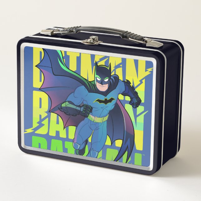 Gib Batman nie auf, der mit Grafik läuft Metall Brotdose (Vorderseite)