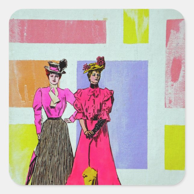 Gibson Girls in einem mondrianischen Muster Quadratischer Aufkleber (Vorderseite)