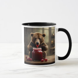 Gieriger Bär, der ein Glas Marmelade frisst. Tasse