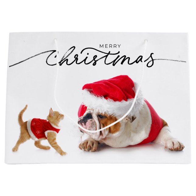 GIFT BAG CHRISTMAS BULLDOG MIT ORANGE TABBY GROßE GESCHENKTÜTE (Vorderseite)