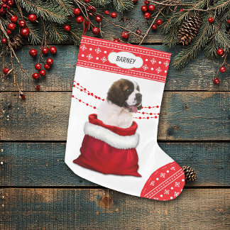 Gift Bag Saint Bernard Welpe Hund Snowflake Border Großer Weihnachtsstrumpf