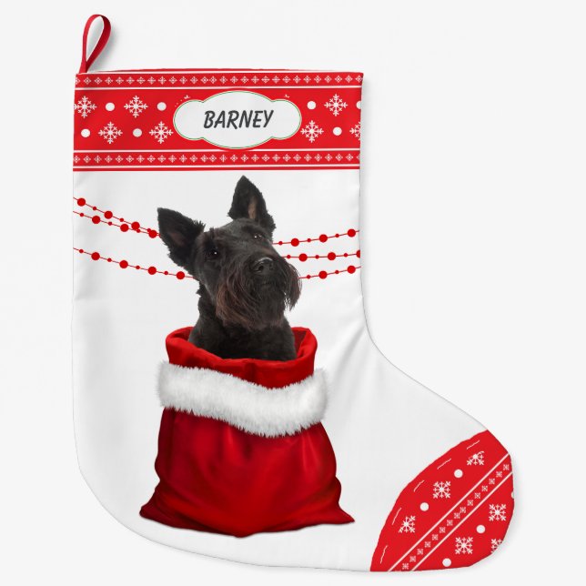 Gift Bag Scottish Terrier Dog Snowflake Border Großer Weihnachtsstrumpf (Vorderseite)