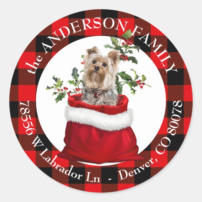 Gift Bag Yorkie Terrier Kariert Frame Rücksendeadr Runder Aufkleber (Vorderseite)