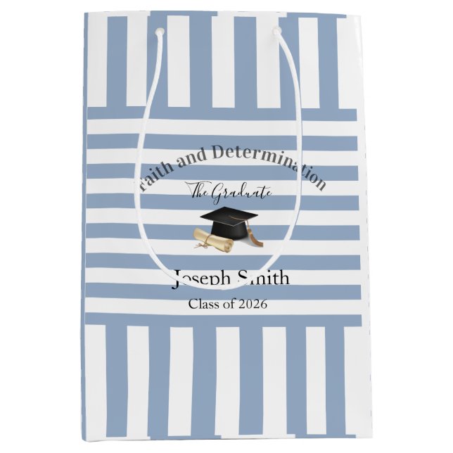 Gift Bags Blue White Stripe Graduation 2026 Mittlere Geschenktüte (Vorderseite)