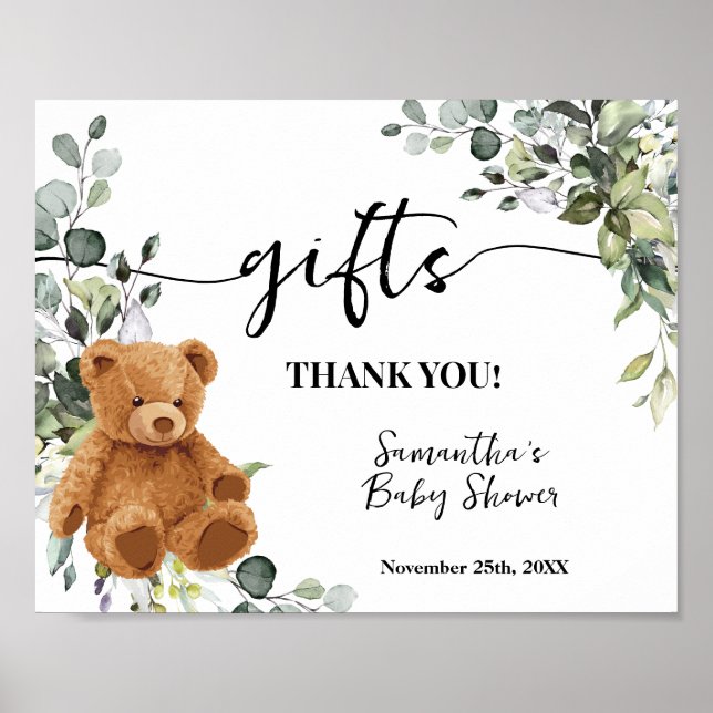 Gift Bear Greenery Eucalyptus Baby Dusche Zeichen Poster (Vorne)