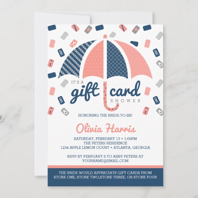 Gift Card Bridal Dusche Einladung, Marine, Koralle Einladung (Vorderseite)
