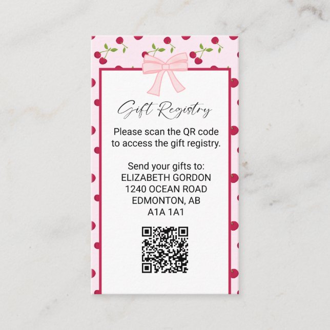 Gift Registry Cherry Baby Shower QR Code Begleitkarte (Vorderseite)