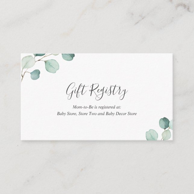 Gift Registry Greenery Eucalyptus Baby Shower Begleitkarte (Vorderseite)