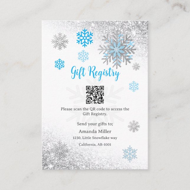 Gift Registry Snowflake Winter Baby Shower QR Code Begleitkarte (Vorderseite)