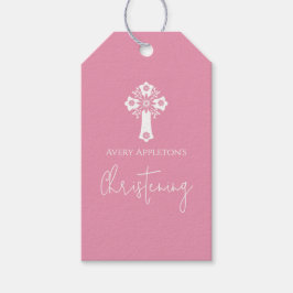 Gift Tags Floral Cross Christening Rose Pink Geschenkanhänger
