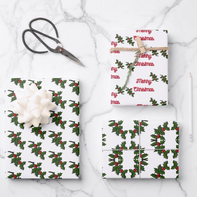 Gift Wrap - Holly-Blätter und Berries Geschenkpapier Set (Vorderseite)