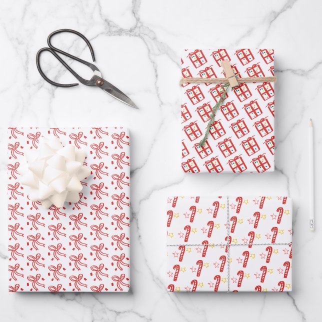 Gifts Bows Candycanes Doodle CHRISTMAS Holiday Red Geschenkpapier Set (Vorderseite)