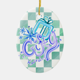 Gifty Time Blue Purple Checkerboard Oval  Keramik Ornament