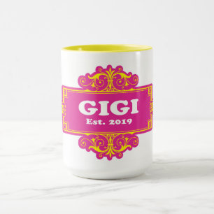 GIGI est 2019 White Text w Heritage Frame Rosa in Tasse