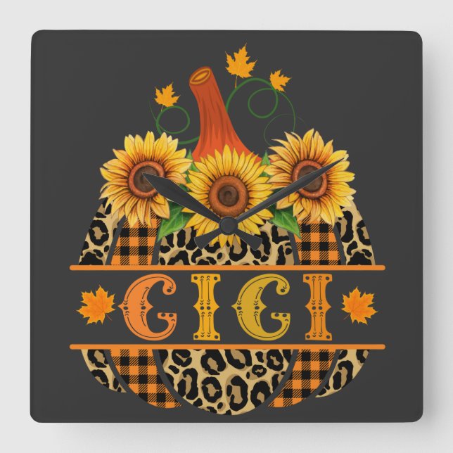 GiGi Pumpkin Leopard Print Sunflower Buffalo Plaid Quadratische Wanduhr (Vorderseite)