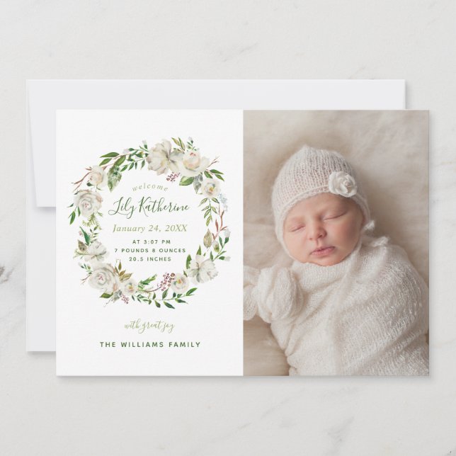 Gilded Blooms Floral Baby Foto Geburtsankündigung Ankündigung (Vorderseite)