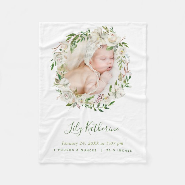 Gilded Blooms Floral Wreath Baby Foto Birth Stats Fleecedecke (Vorderseite)