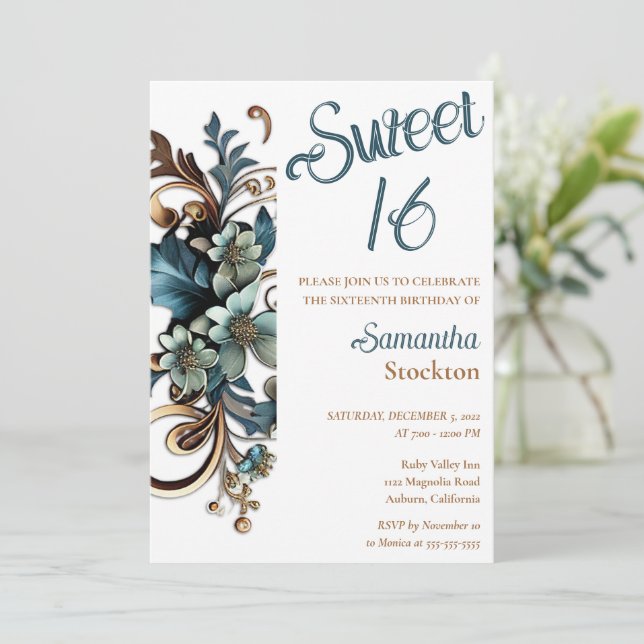 Gilded Botanical Border Sweet 16 Einladung (Stehend Vorderseite)