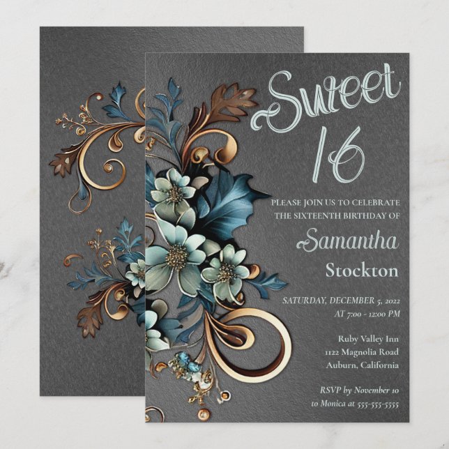 Gilded Botanical mit Silver Sweet 16 Einladung (Vorne/Hinten)