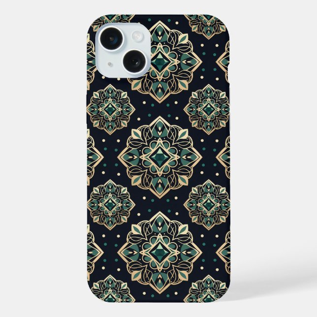 Gilded Emerald Mandala iPhone 15 Plus Hülle (Rückseite)