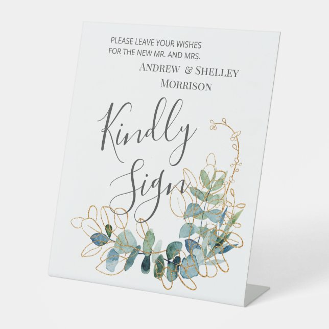 Gilded Eucalyptus Sign Wedding Guest Book Sockelschild (Vorderseite)