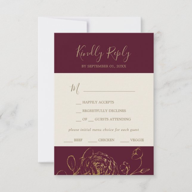 Gilded Floral | Burgund & Gold Menü UAWG RSVP Karte (Vorderseite)