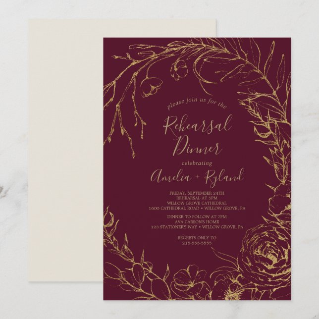 Gilded Floral | Burgund & Gold Probe Dinner Einladung (Vorne/Hinten)